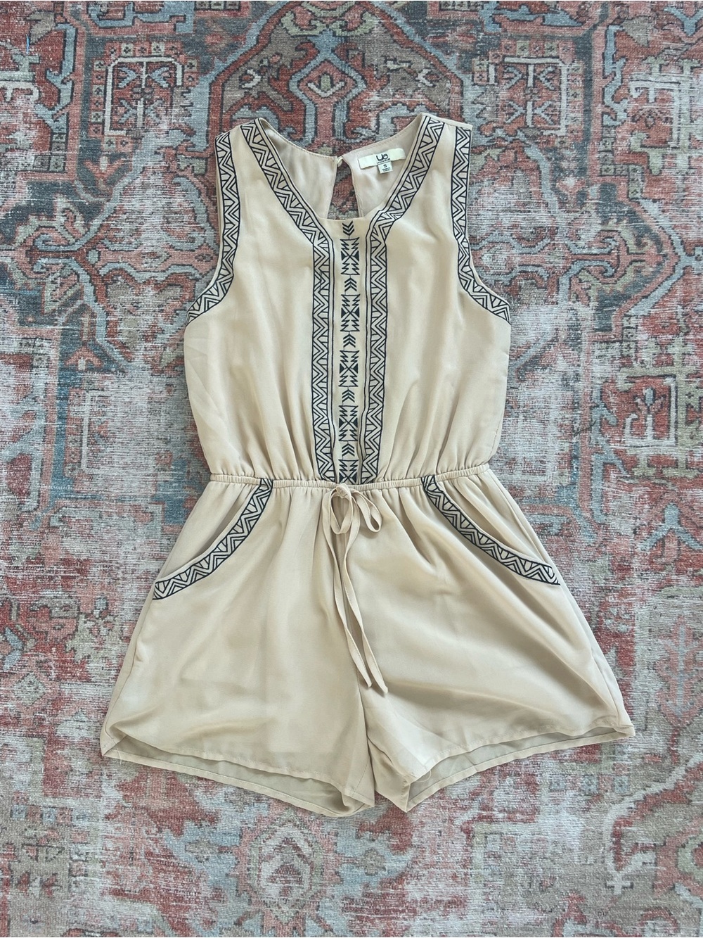 Embroidered Beige Sleeveless Romper